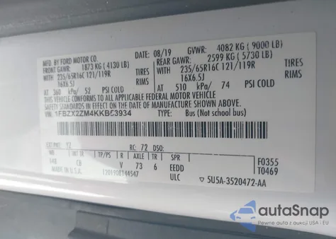 2019 Ford Transit-350 Xlt z USA, uszkodzony, nr VIN 1FBZX2ZM4KKB53934